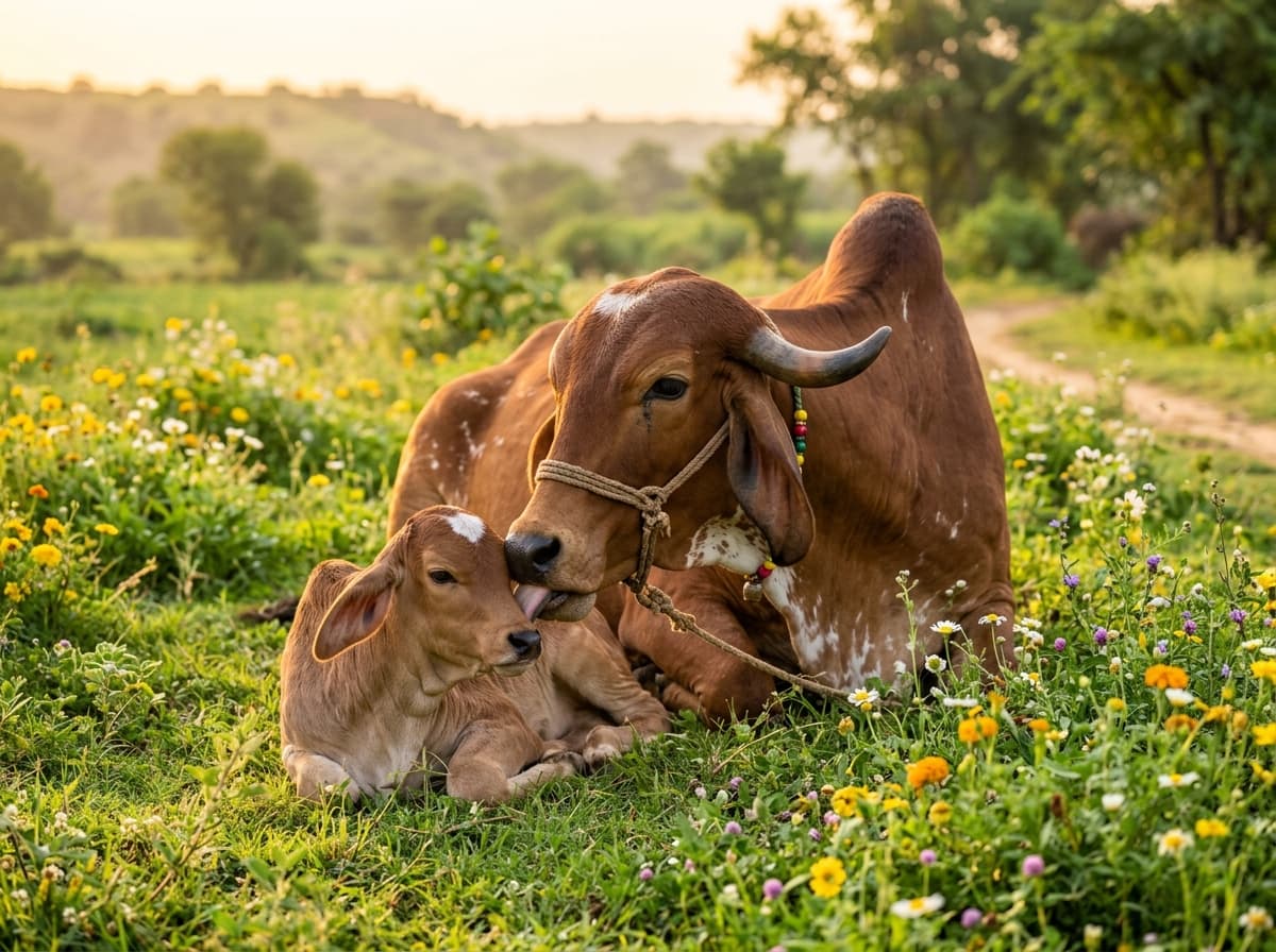 Pure Desi Gir Mother Cow Loving Baby Calf - Radha Krishna Gau Seva